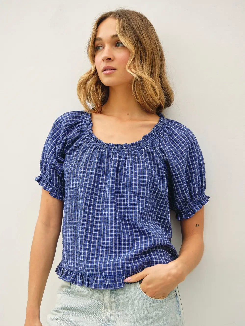 Checkered Puff Sleeve Top