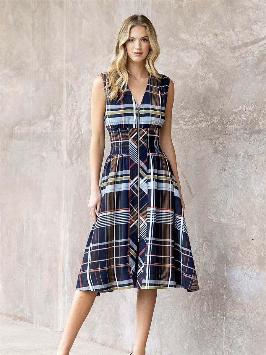 Sleeveless Plaid Zipper Midi Dress