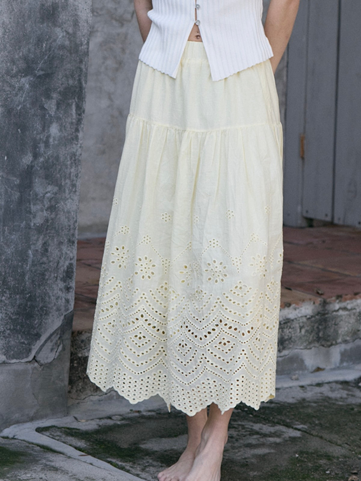 Tara Tiered Embroidered Eyelet Midi Skirt