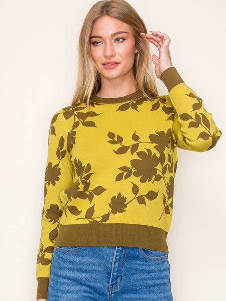 Flower Jacquard Rib Detail Sweater