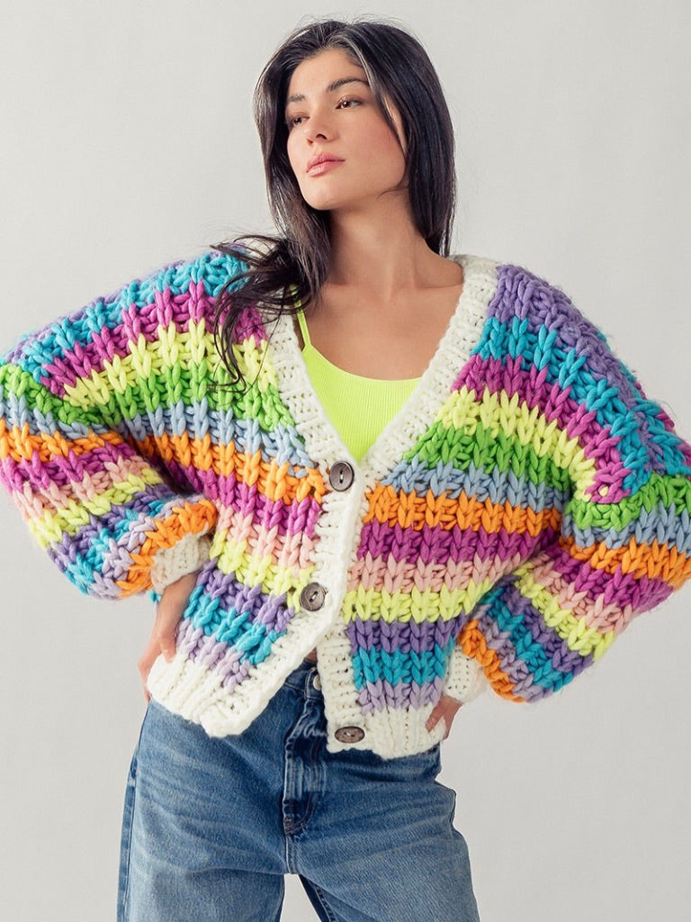 Bright On Time Stripe Neon Chunky Knit Cardigan