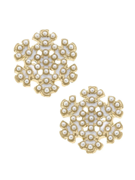 Pearl Studded Enamel Snowflake Studs