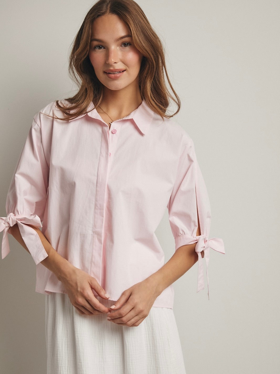 Tie Sleeve Button Down Blouse