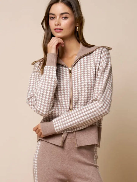 Houndstooth Zip Up Sweater