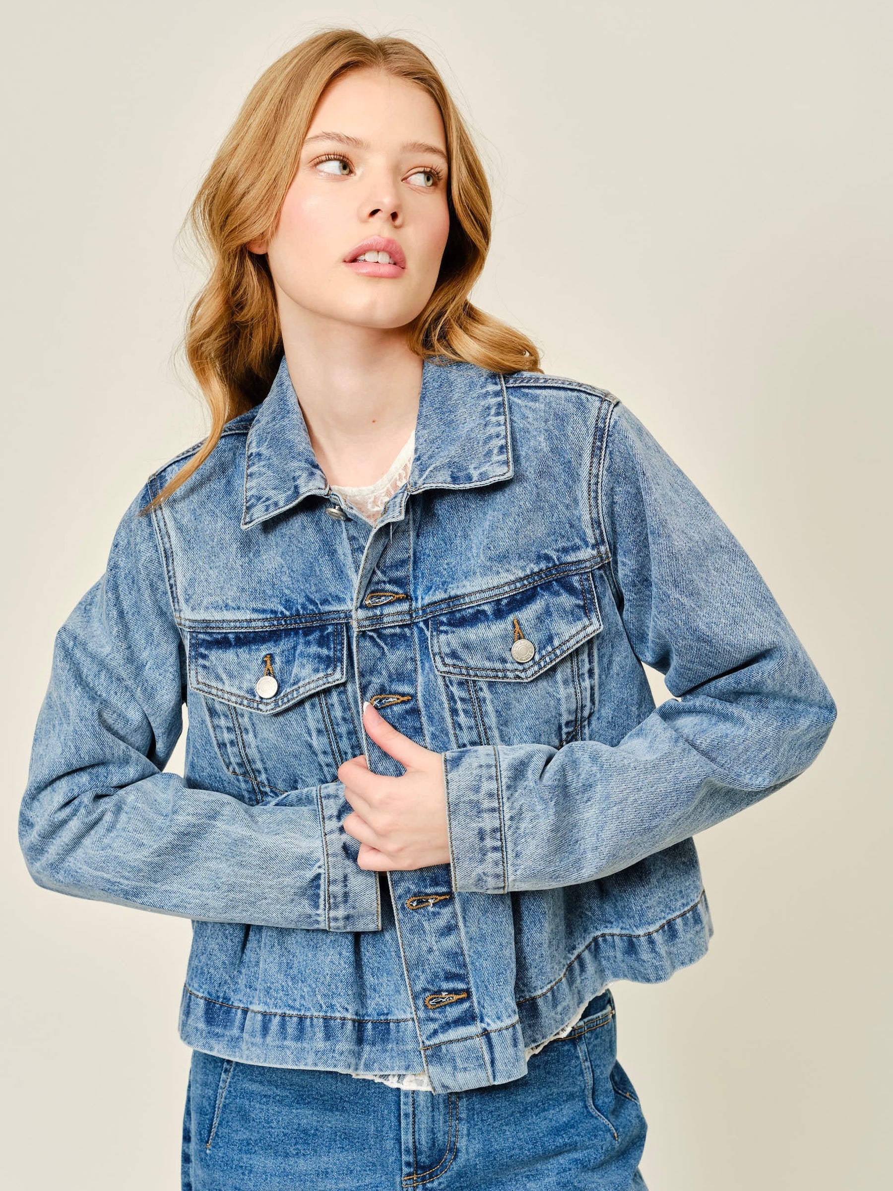 Pleated Collared Denim Jacket