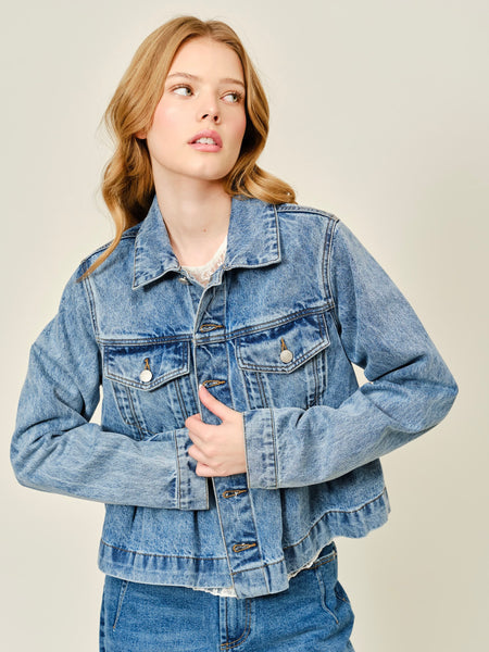 Pleated Collared Denim Jacket