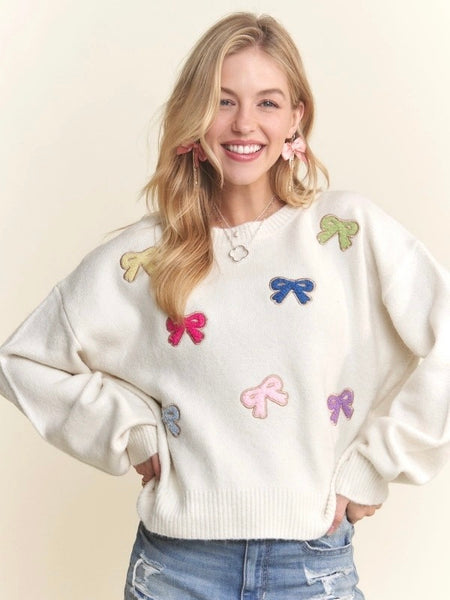 Fluffy Bow Embroidered Sweater