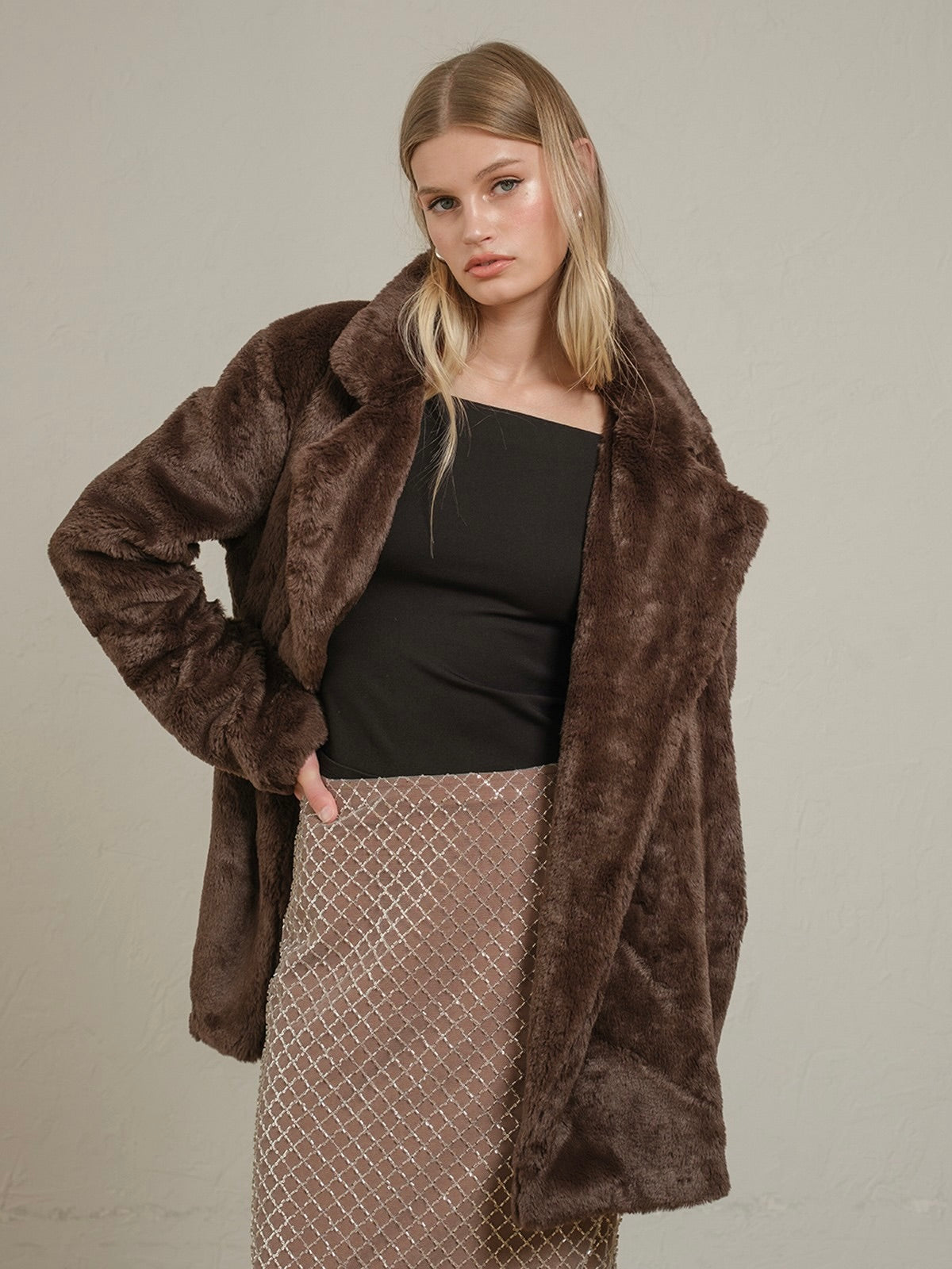 Chocolate Faux Fur Open Front Coat