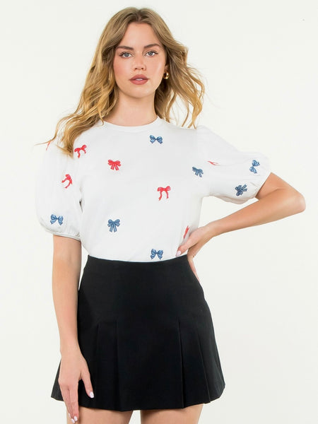 Puff Sleeve Bow Embroidered Top