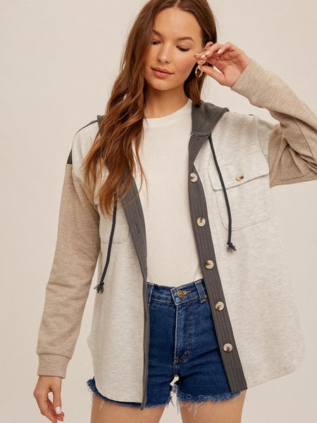 Colorblock Brushed Jersey Hooded Shacket