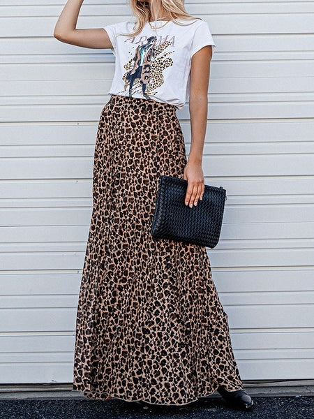 Leopard Animal Print Pleated Maxi Skirt