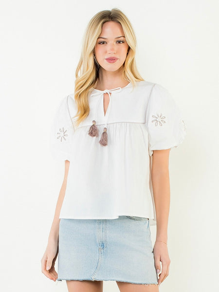Embroidery Detail Puff Sleeve Top