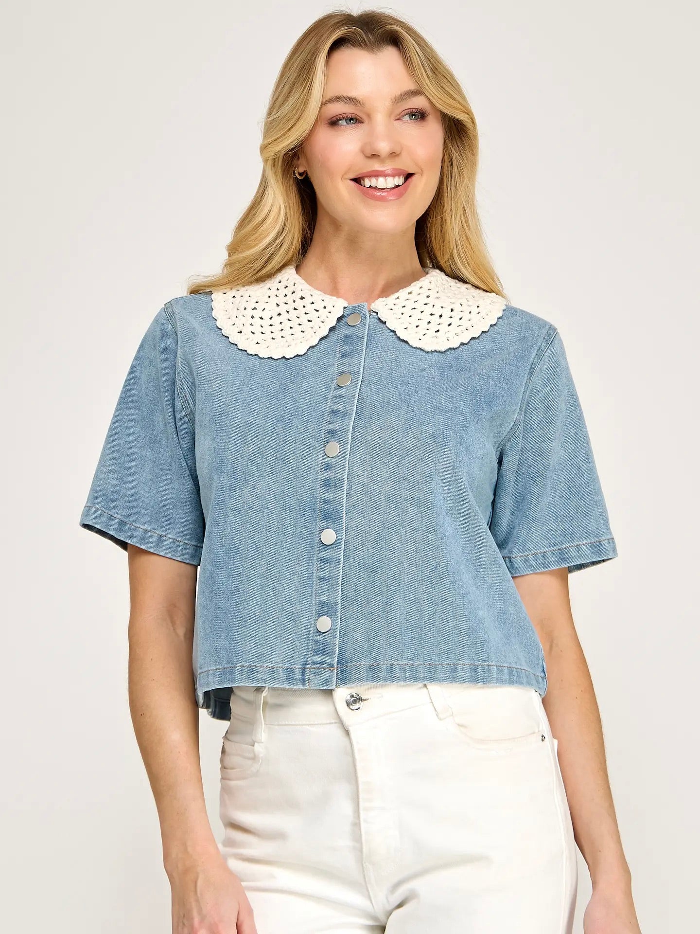 Crochet Collar Boxy Denim Top