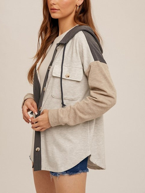 Colorblock Brushed Jersey Hooded Shacket