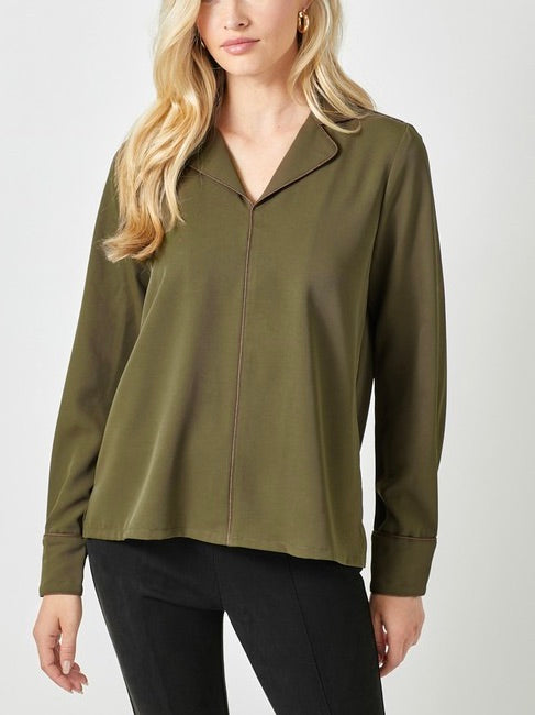 Collared Piping Detail V-Neck Blouse