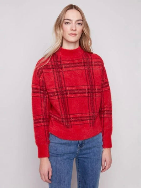Eyelash Plaid Mock Neck Sweater