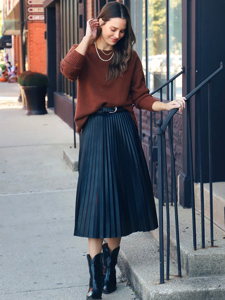 Pleated Faux Leather Skirt