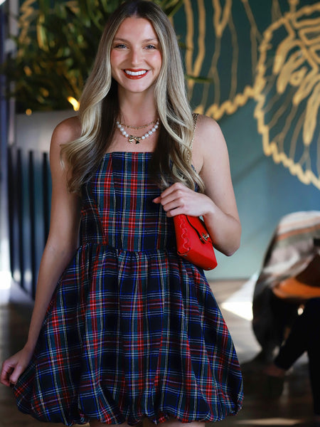 Strapless Plaid Bubble Hem Dress