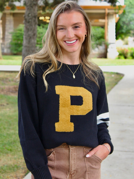 Custom Purdue Chenille Varsity Stripe Sweater