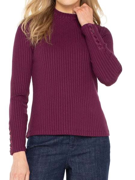 {Liverpool} Long Sleeve Mock Neck Knit Top with Button Detail