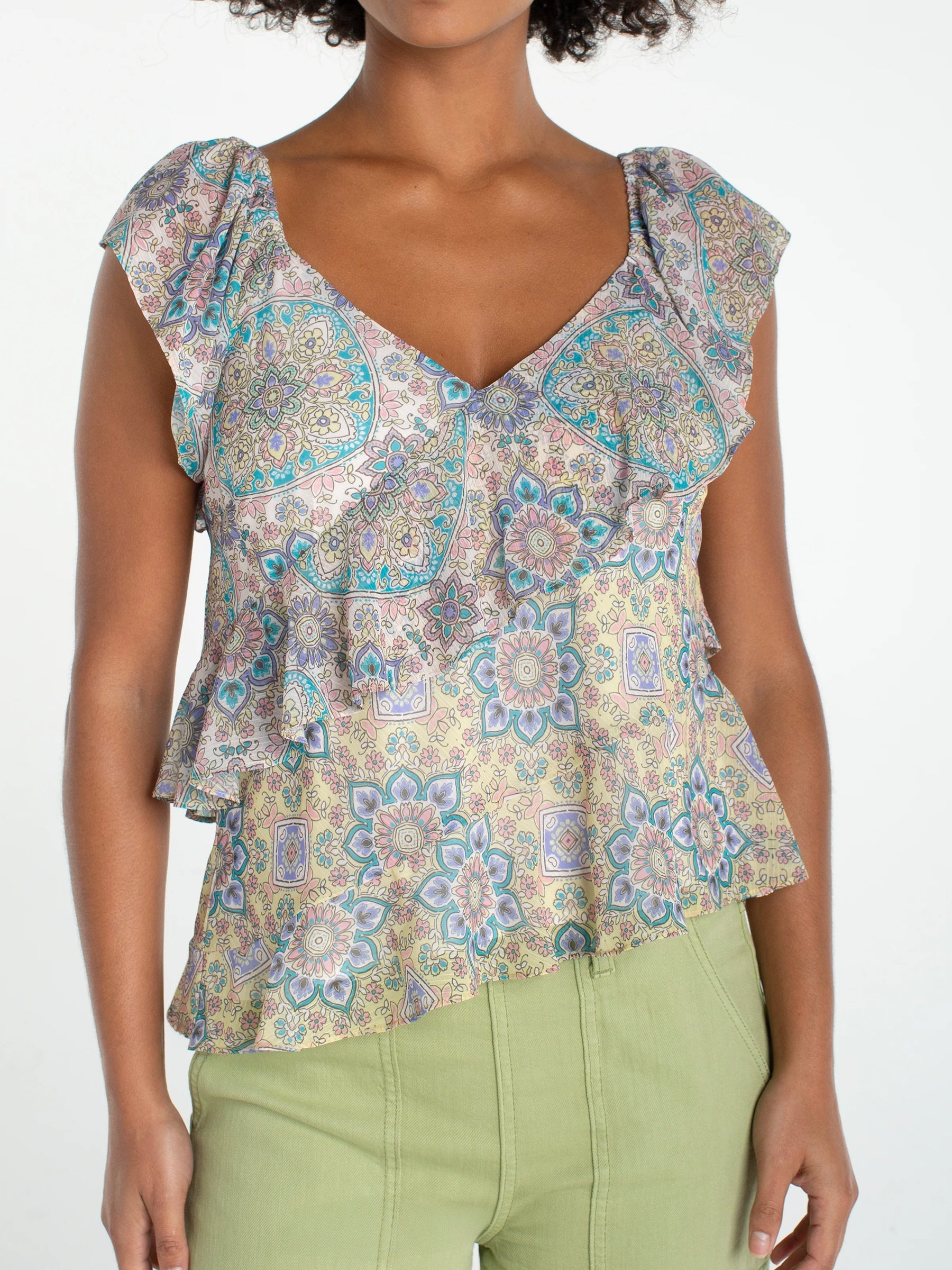 {Liverpool} Flutter Sleeve Draped Woven Blouse