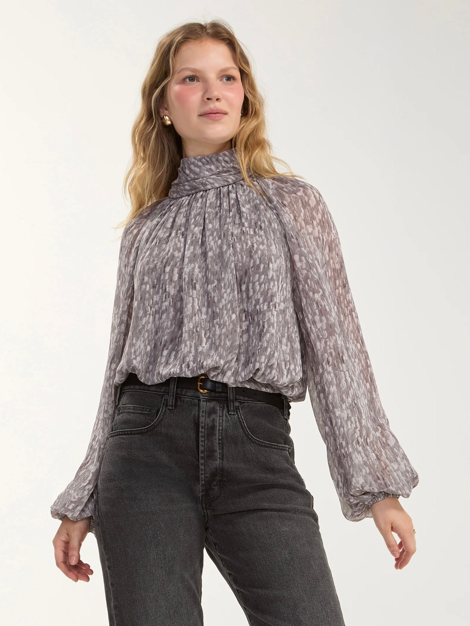 Liverpool Shirred Mock Neck Woven Top