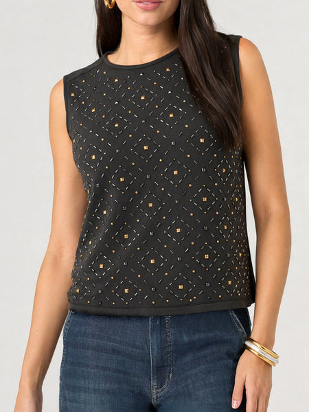 Liverpool Sleeveless Embellished Knit To Woven Tee