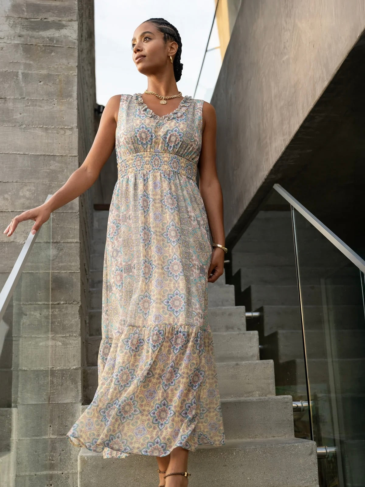 Liverpool Sleeveless Smocked Waist Woven Maxi Dress