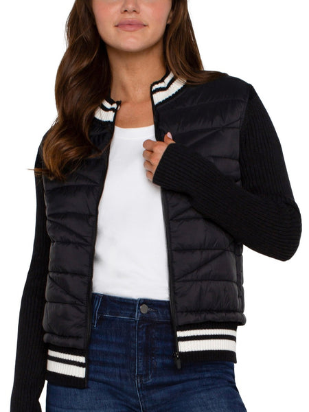 {Liverpool} Quilted Front Full Zip Sweater with Stripe