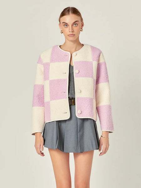 Shearling Check Cardigan