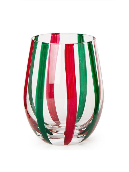 Holiday Cheer Red & Green Stripes Stemless Wine