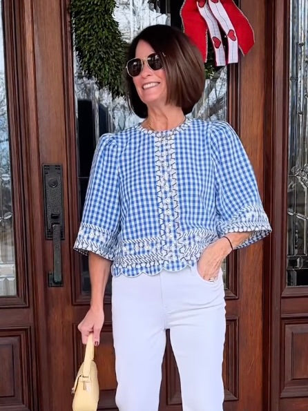 Gingham Embroidery Top