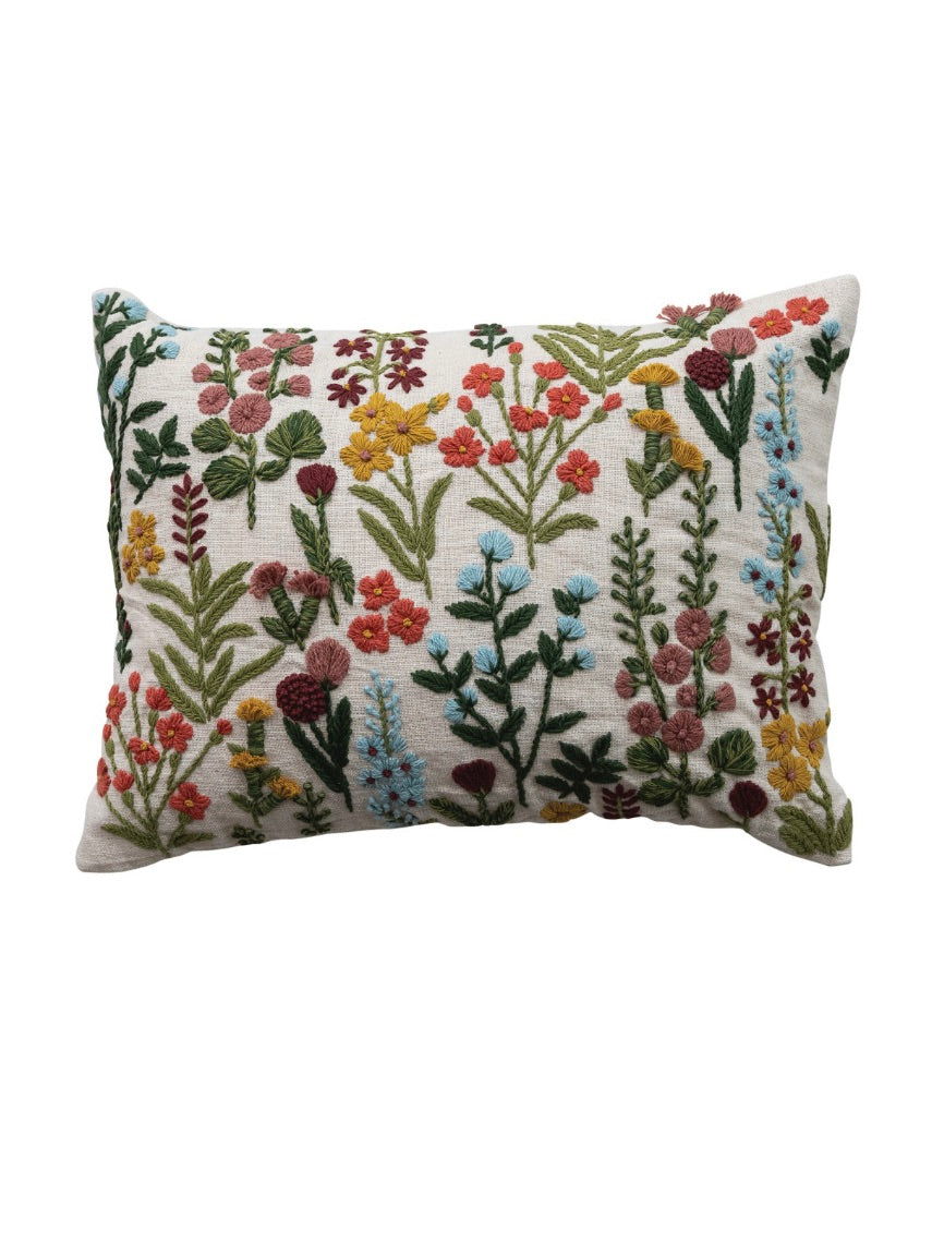 Cotton Slub Lumbar Pillow with Hand Embroidered Flowers
