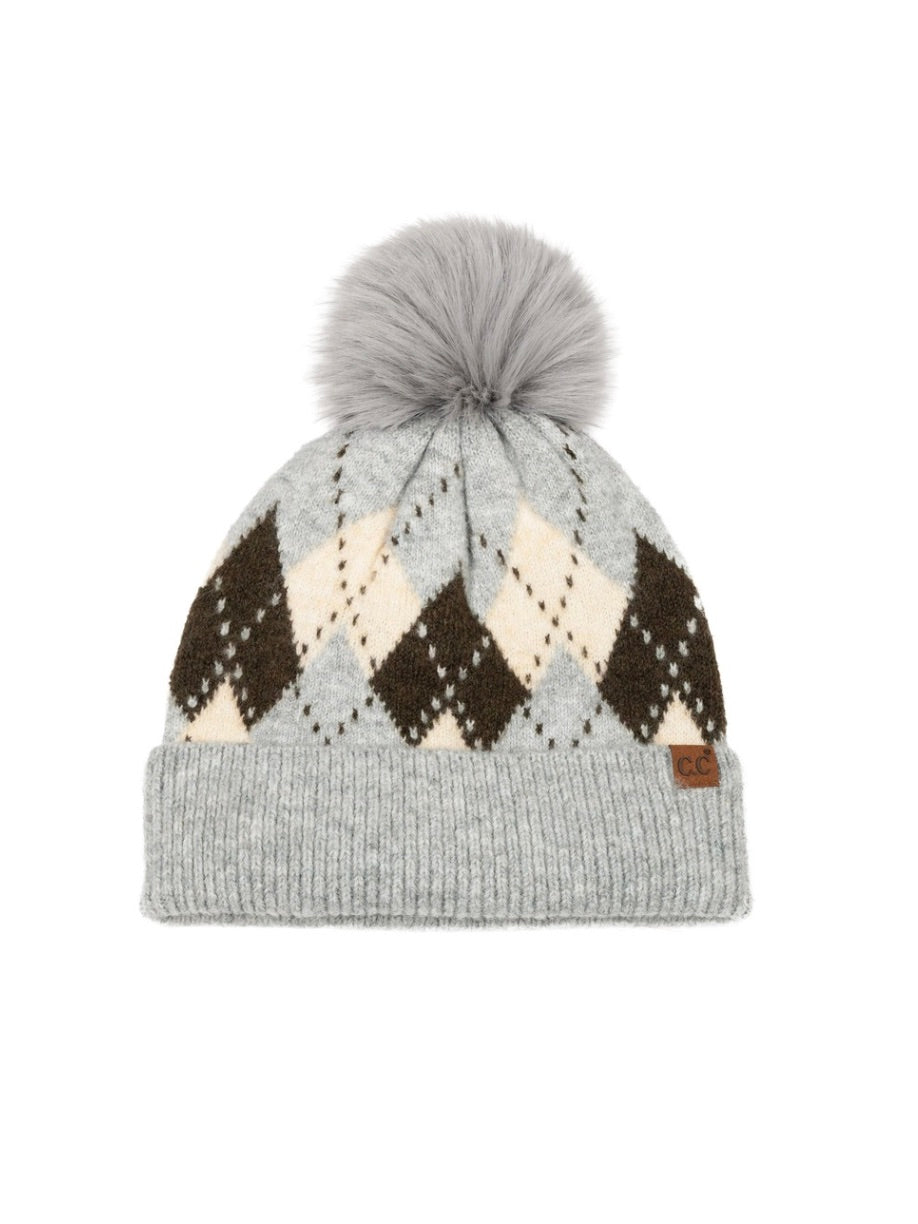 Argyle Faux Fur Pom Beanie