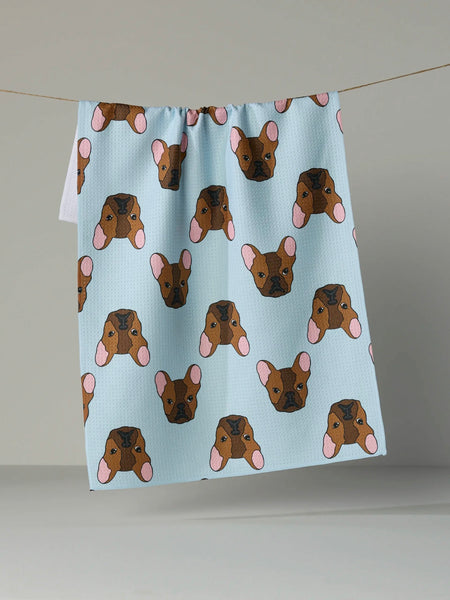 Geometry Frenchie Faces Sky Blue Tea Towel