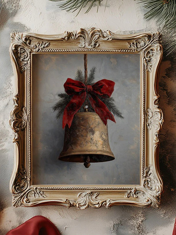 Single Gold Bell with Red Bow Framed Print