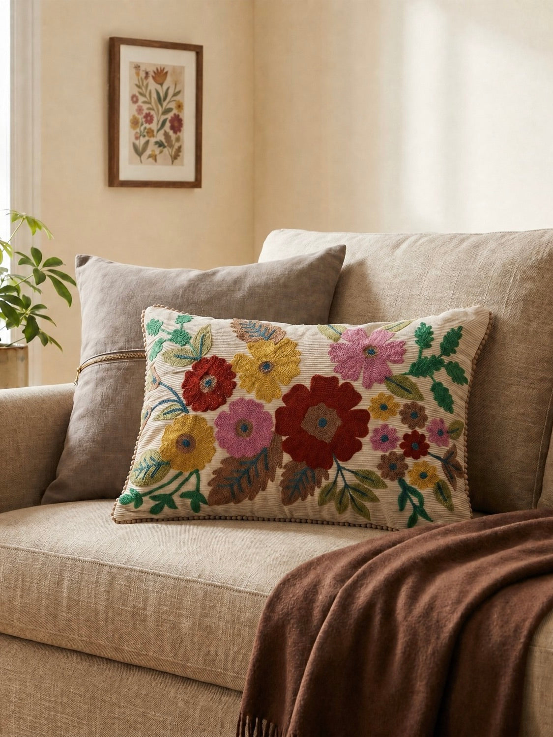 Cotton Corduroy Lumbar Pillow with Embroidered Flowers