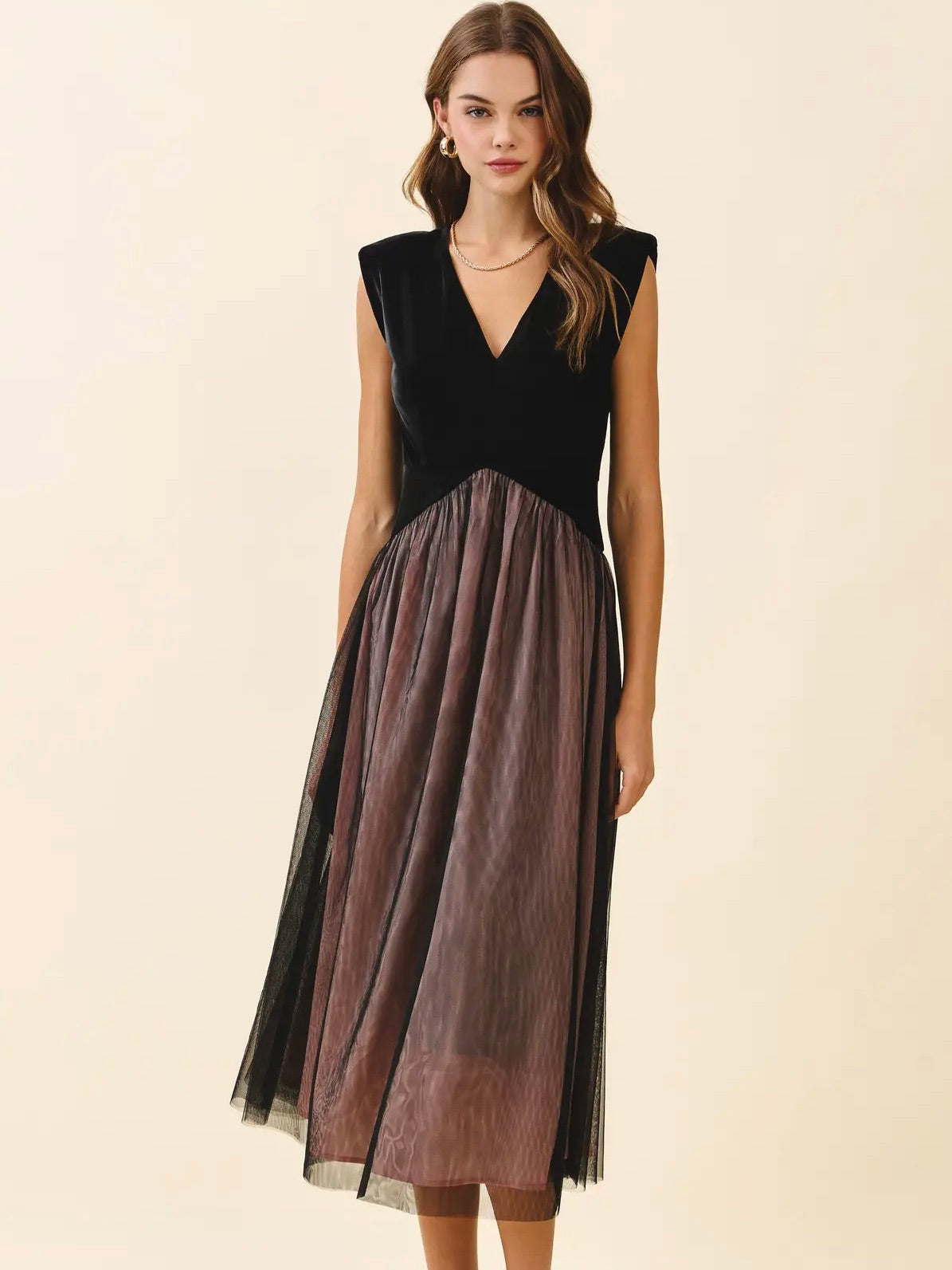 Velvet Fitted Bodice Midi Dress