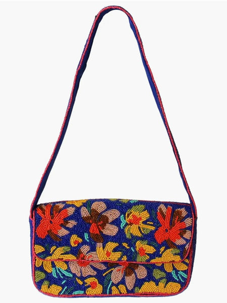 Blue Tropical Flowers Beaded Shoulder Bag