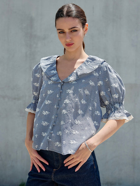 Embroidered Gingham Blouse