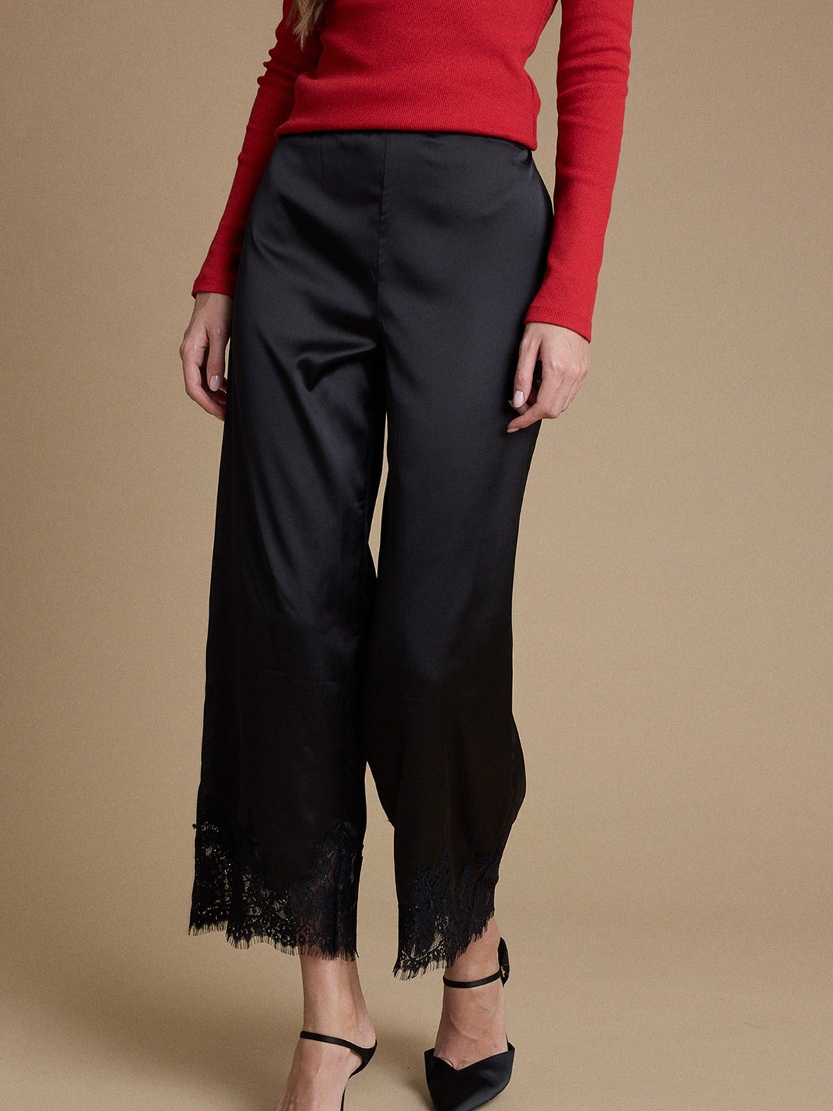 Lace Trim Satin Pull On Pants
