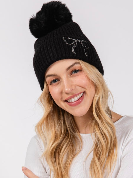 Rhinestone Bow Pom Hat