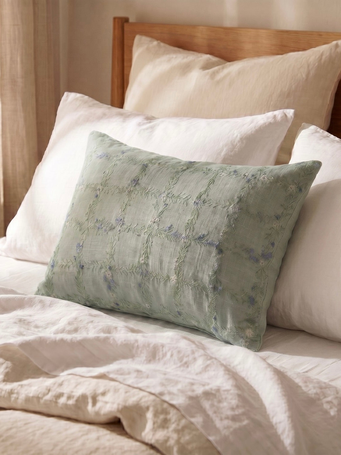 Cotton Slub Lumbar Pillow with Embroidered Floral Grid
