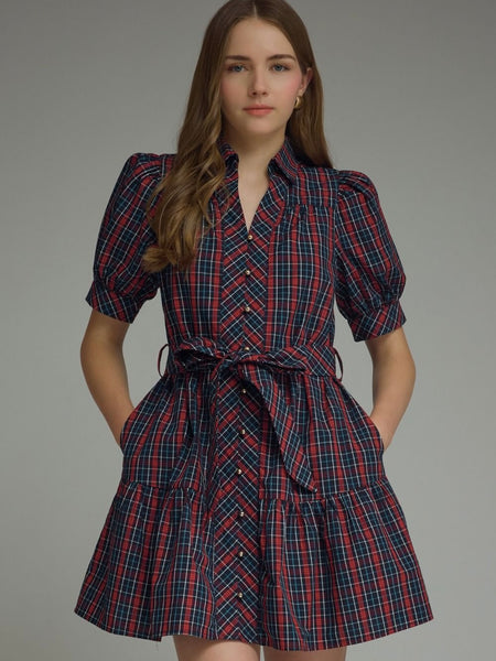 Plaid Short Puff Sleeve Mini Dress