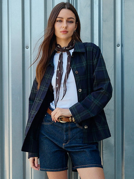 Navy Plaid Button Front Pocket Jacket
