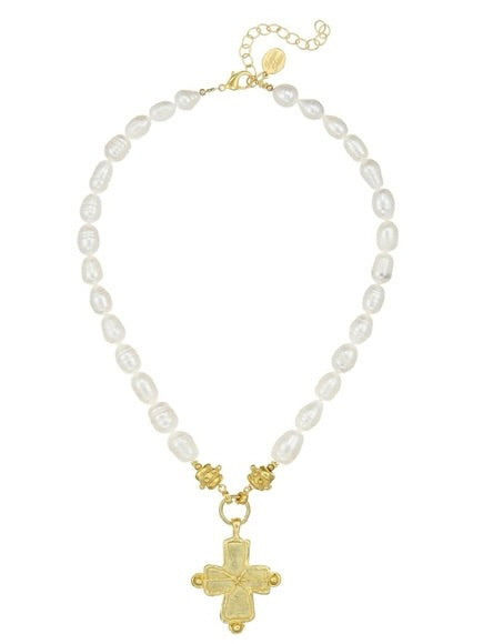 {Susan Shaw} Gold Cross Pearl Necklace with Extender
