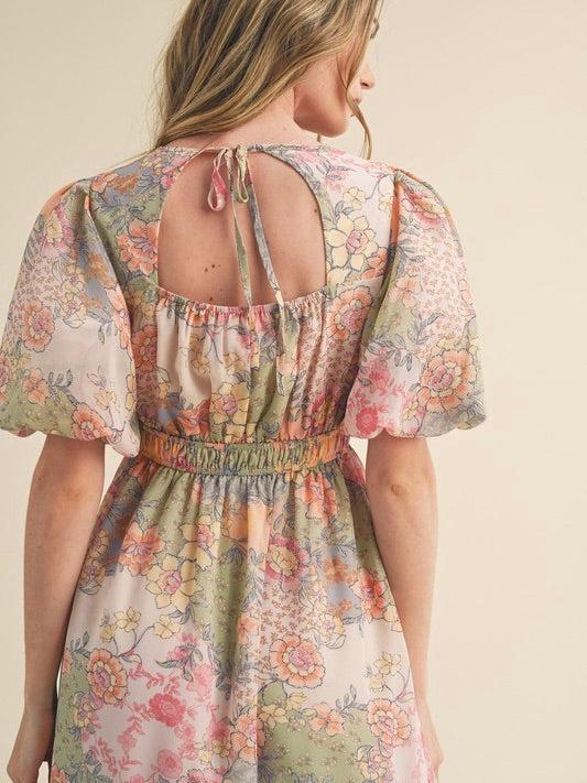 Puff Sleeve Pastel Floral Midi Dress