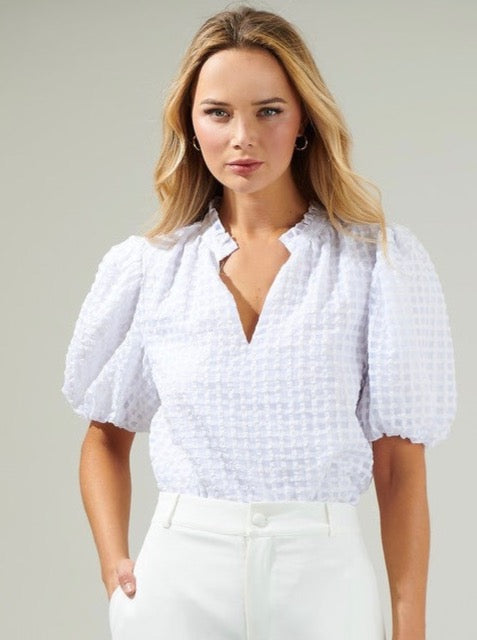 Gretna Puff Sleeve Textured Check Blouse