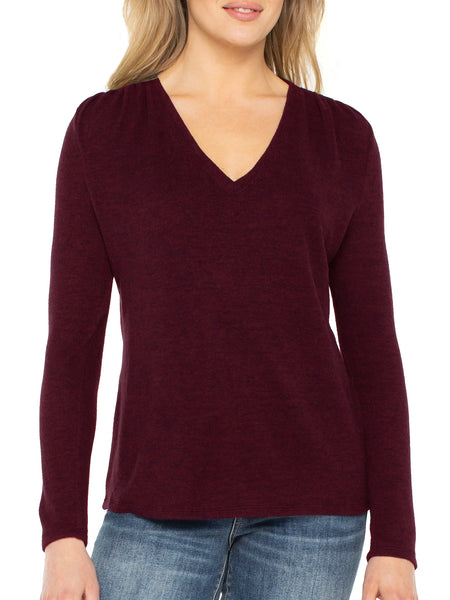 {Liverpool} Long Sleeve VNeck Knit Top with Shirring