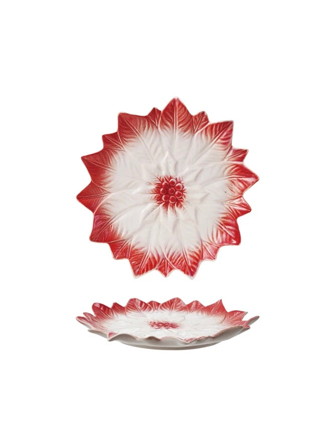 Hand Painted Stoneware Poinsettia Plate